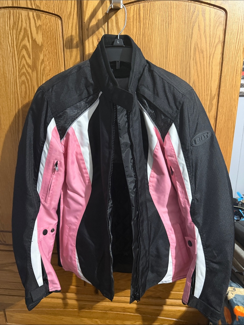 Women's Pink & Black Motorcycle Jacket with White Accents